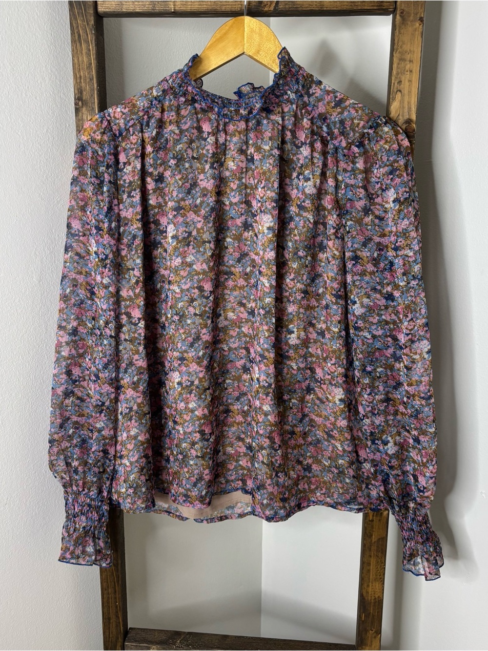 Melloday Floral High-Neck Long-Sleeve Blouse - Pink Multi Size M
